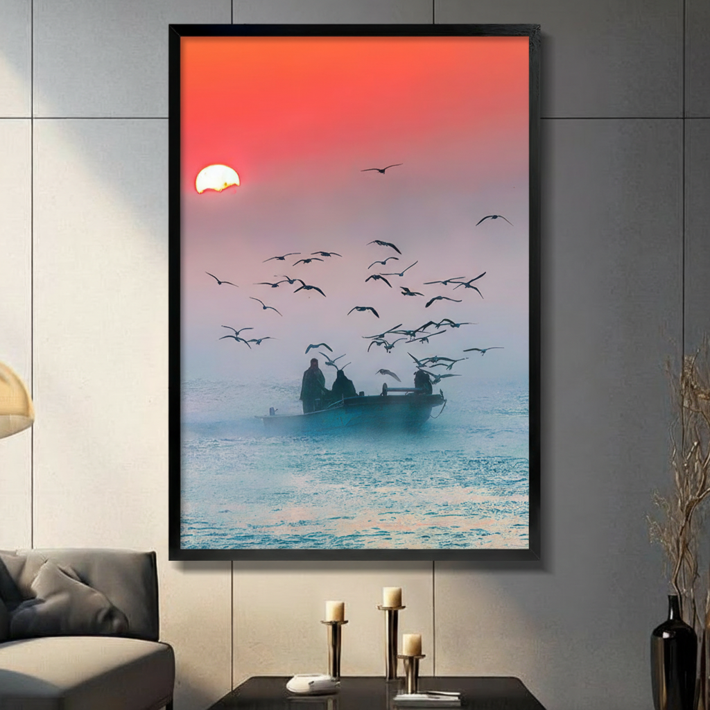 Fishermen Sunrise Seagulls Ocean Canvas Print