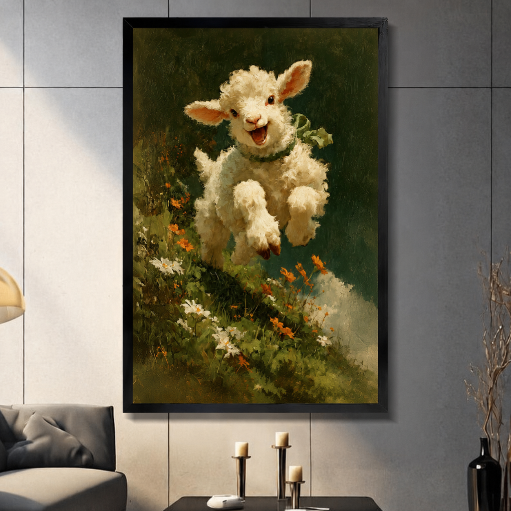 Joyful Leaping Lamb Wildflower Vintage Canvas Wall Art