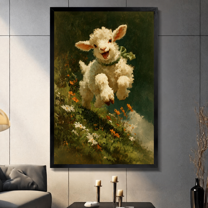 Joyful Leaping Lamb Wildflower Vintage Canvas Wall Art