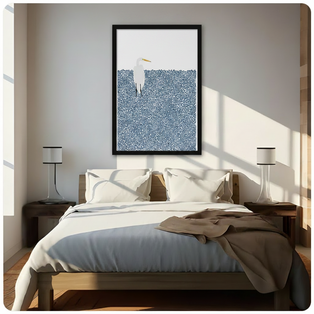 Minimalist White Egret Blue Dots Canvas Wall Art