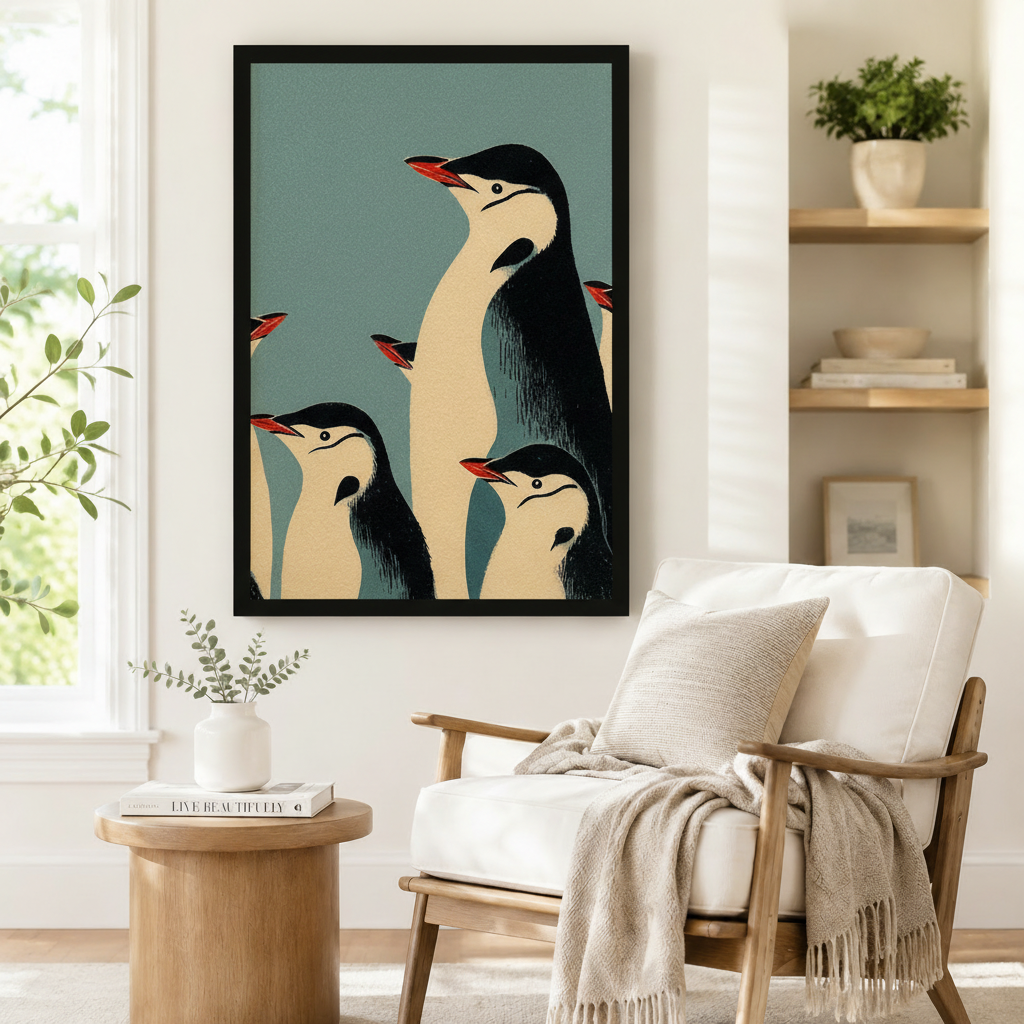 Retro Penguin Family Vintage Poster Canvas Wall Art