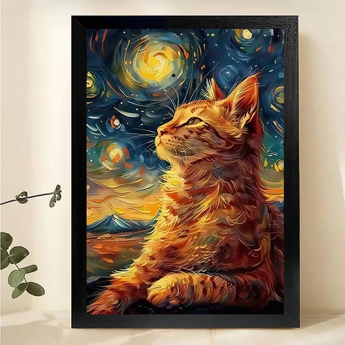 Starry Night Cat Wall Art - Van Gogh Style Orange Tabby Print