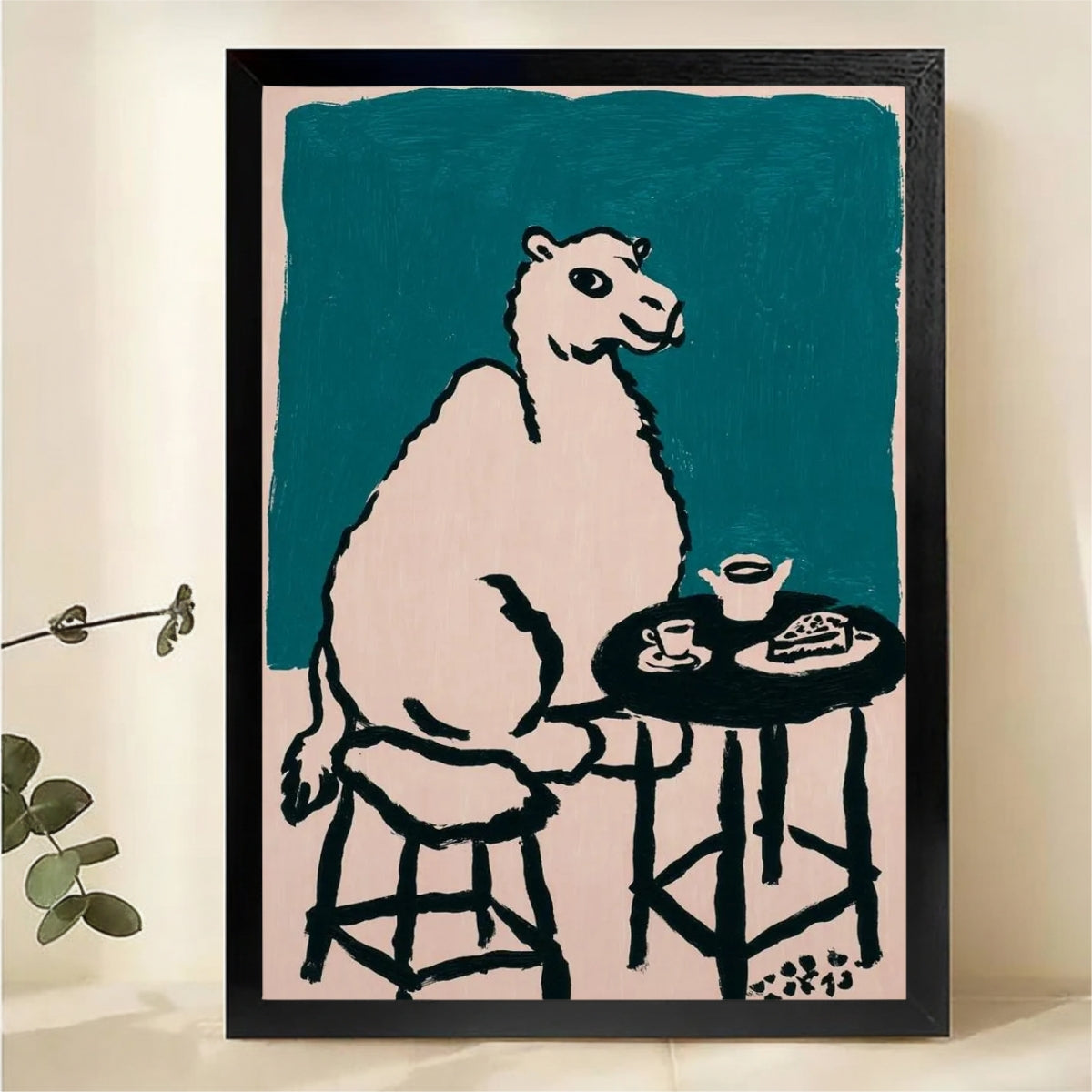 Camel at Coffee Shop Wall Art - Funny Minimalist Line Art Canvas Print