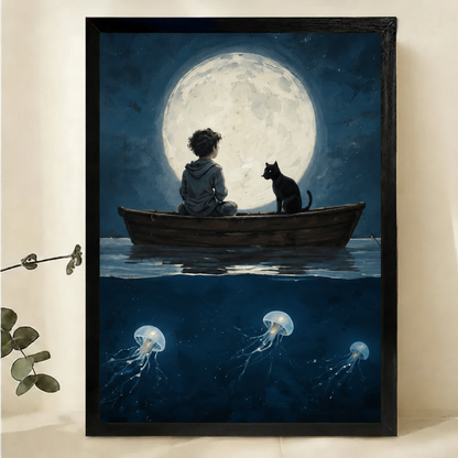 Boy and Black Cat on a Moonlit Boat Wall Art – Dark Fantasy Canvas Print on Natural Wood Frame