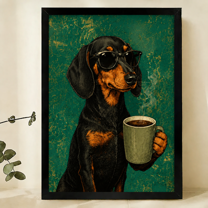 Dachshund with Coffee Mug Wall Art – Cool Vintage Dog Canvas Print on Natural Wood Frame