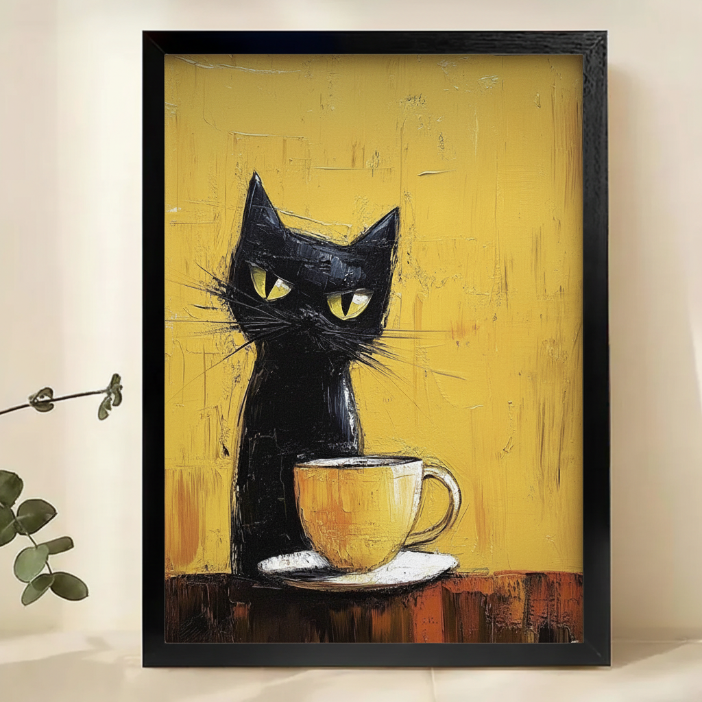 Black Cat Guarding a Coffee Cup Wall Art – Bold Impasto Oil Painting Canvas Print on Natural Wood Frame