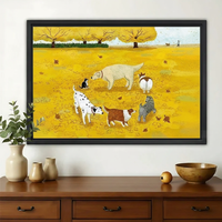 Six Dogs Playing in Autumn Park Wall Art – Joyful Folk Art Canvas Print on Natural Wood Frame