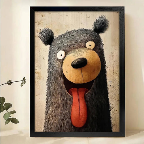 Happy Bear with Tongue Out - Whimsical Canvas Wall Art