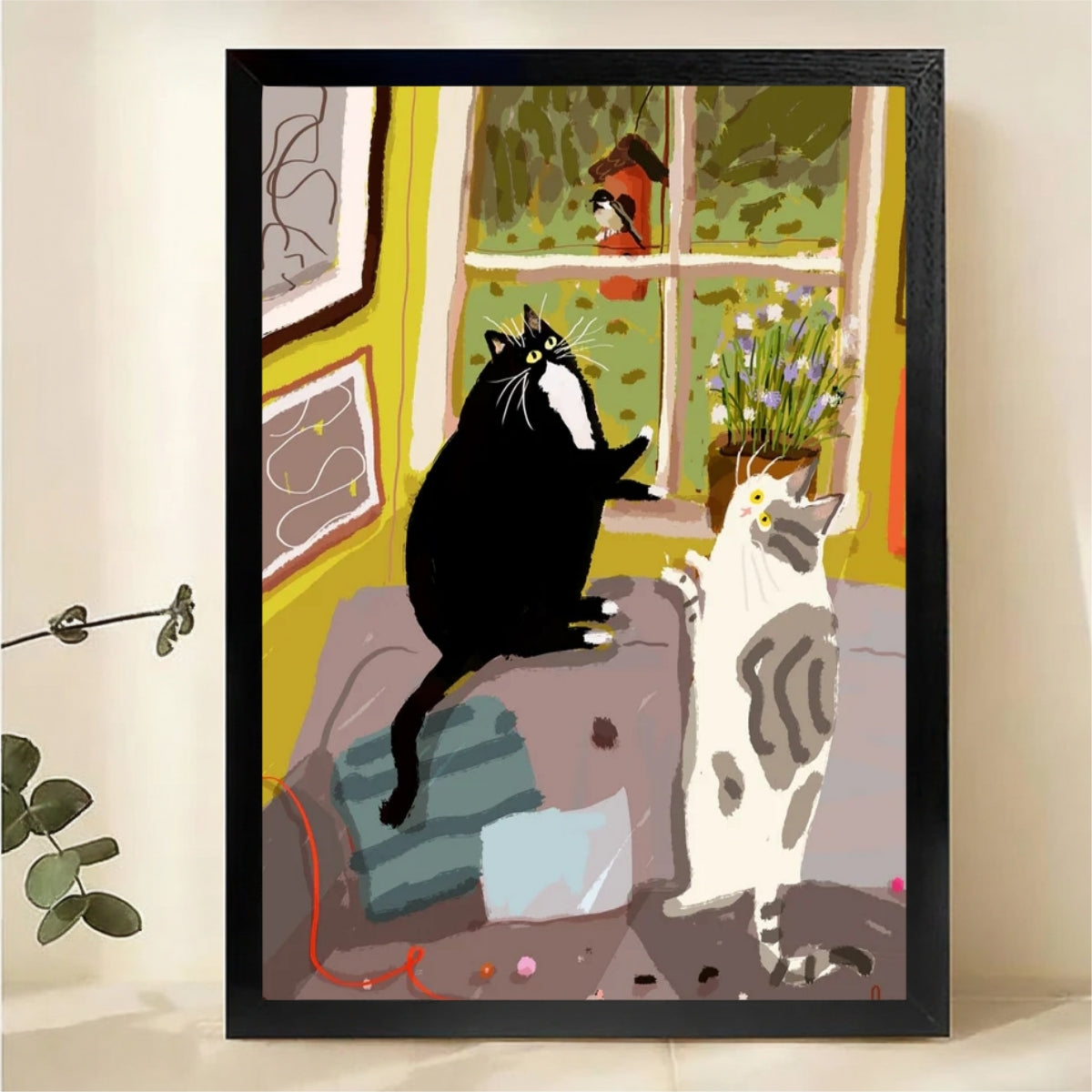 Two Cats Watching Bird by Window Wall Art - Cozy Illustrated Canvas Print