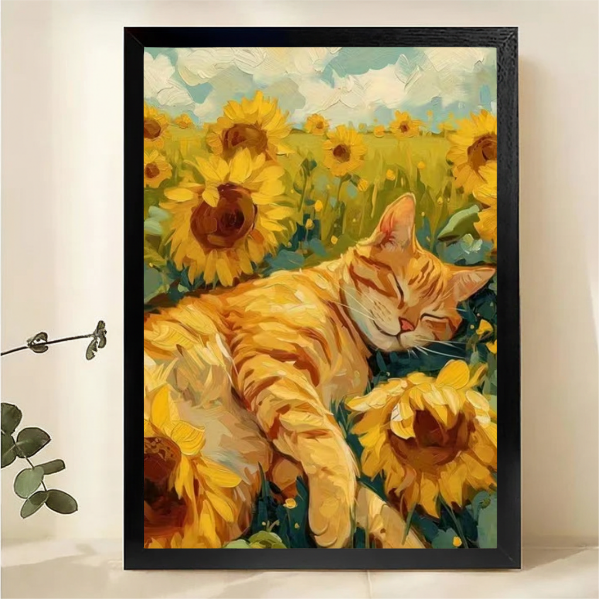 Orange Cat in Sunflower Field Canvas Art - Impressionist Style Print