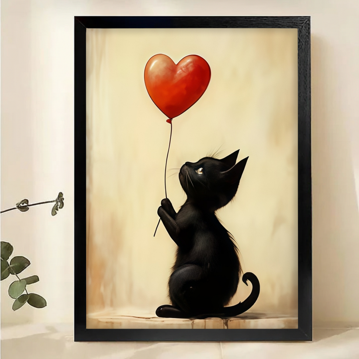 Black Cat Heart Balloon Print - Cat Lover Gift Canvas Wall Art