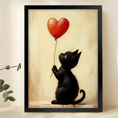 Black Cat Heart Balloon Print - Cat Lover Gift Canvas Wall Art