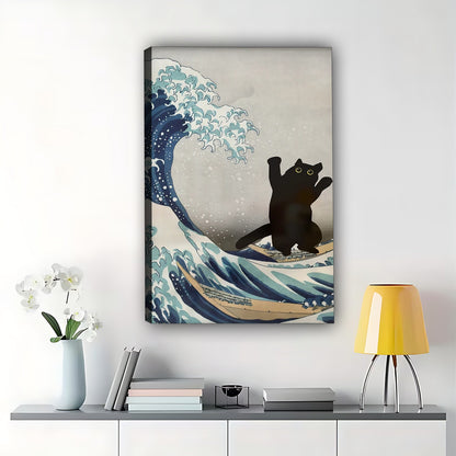 The Wave Riding Black Cat – Dramatic Ocean Feline Wall Art on Natural Wood Grain Canvas