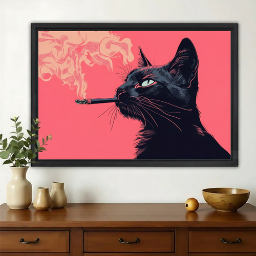 Smoking Black Cat Wall Art – Bold Pink Pop Art Canvas Print on Natural Wood Frame