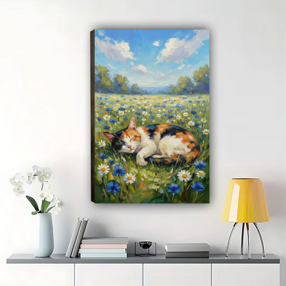 Calico Cat in Wildflower Meadow Wall Art - Spring Landscape Print