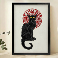 Le Chat Noir Embroidery-Style Wall Art – Vintage Cabaret Black Cat Canvas Print on Natural Wood Frame