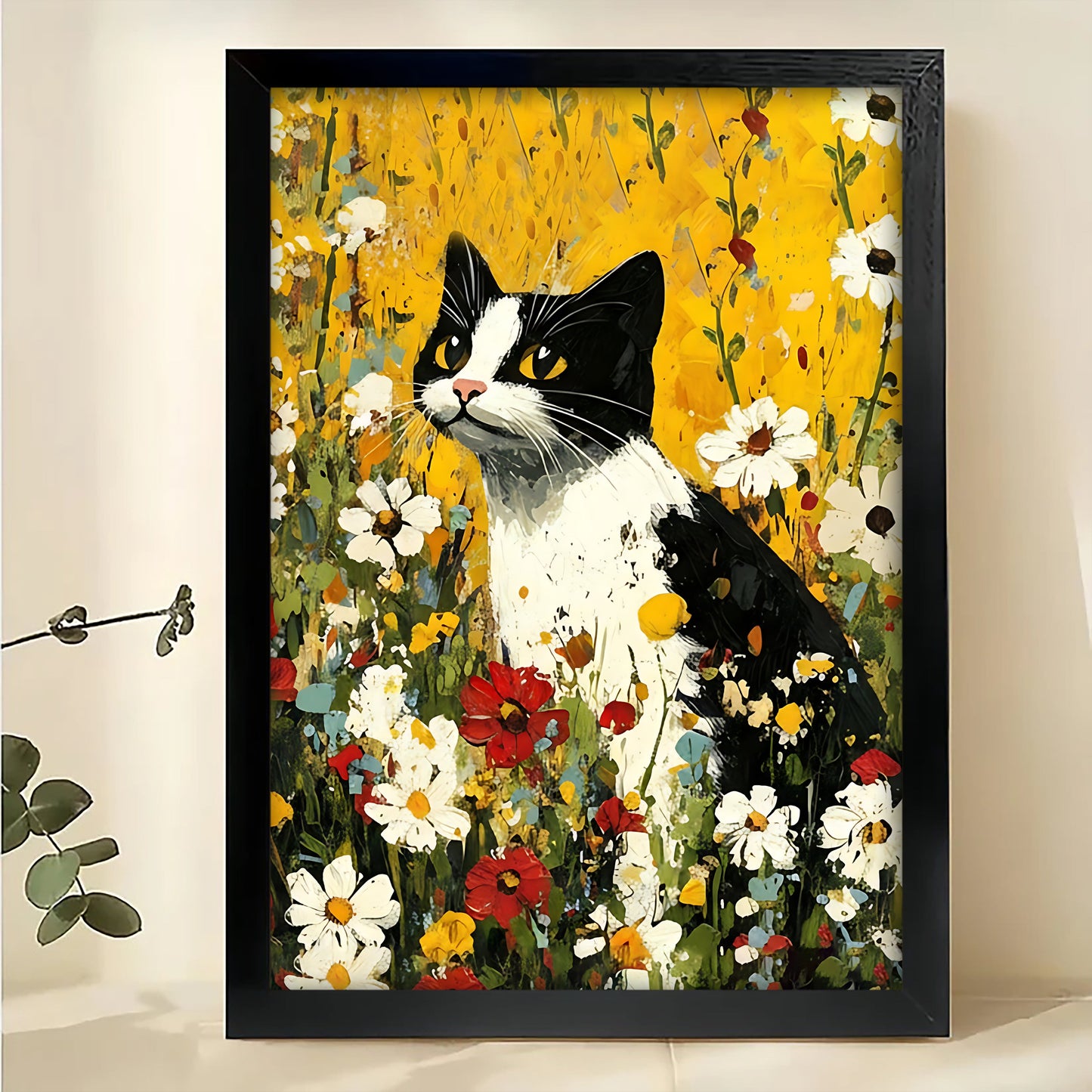 Black & White Cat in Wildflower Meadow – Vibrant Countryside Wall Art on Natural Wood Canvas