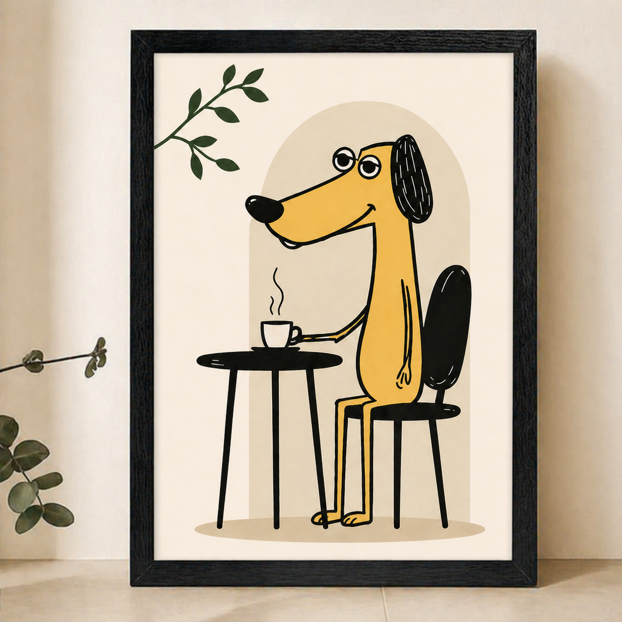 Coffee Break Dog Wall Art – Modern Minimalist Line Art Canvas Print on Natural Wood Frame