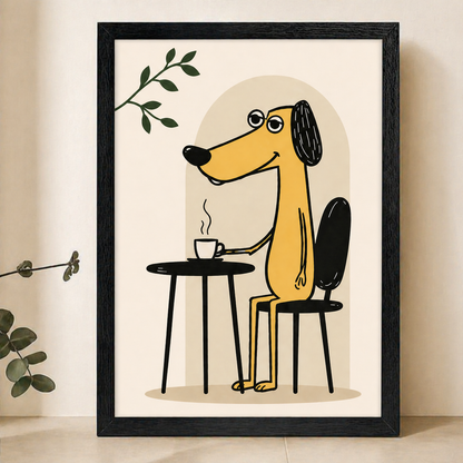 Coffee Break Dog Wall Art – Modern Minimalist Line Art Canvas Print on Natural Wood Frame
