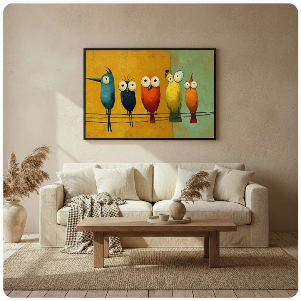 Colorful Cartoon Birds on Wire Canvas Wall Art