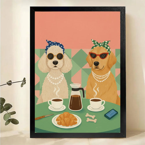 Glamorous Dogs Coffee Date Wall Art - Retro Pet Portrait Print