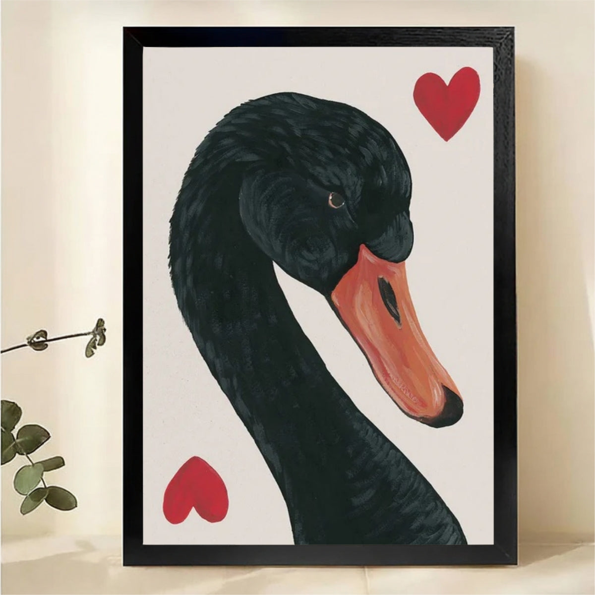 Black Swan with Red Hearts Wall Art - Elegant Romantic Canvas Print