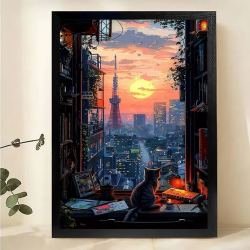 Tokyo Tower Sunset Cat Canvas Art - Japanese Cityscape Window View Print