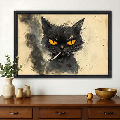 The Cigarette-Holding Cool Black Cat – Retro Edgy Wall Art on Natural Wood Canvas