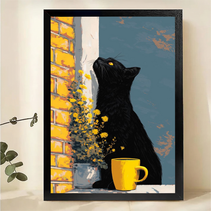 Black Cat by Yellow Brick Wall with Coffee Wall Art - Canvas Print