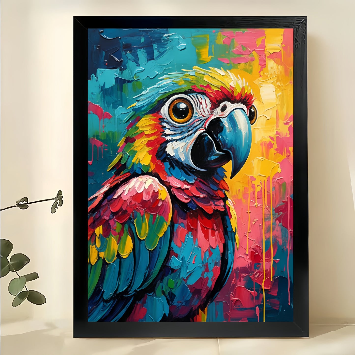 The Vibrant Graffiti Parrot – Tropical Playful Wall Art on Natural Wood Canvas