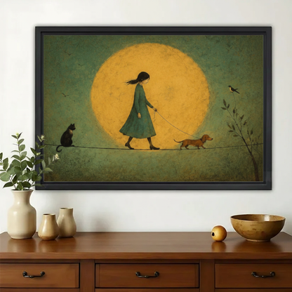 Girl Walking Dog Under the Moon Wall Art – Dreamy Vintage Canvas Print on Natural Wood Frame