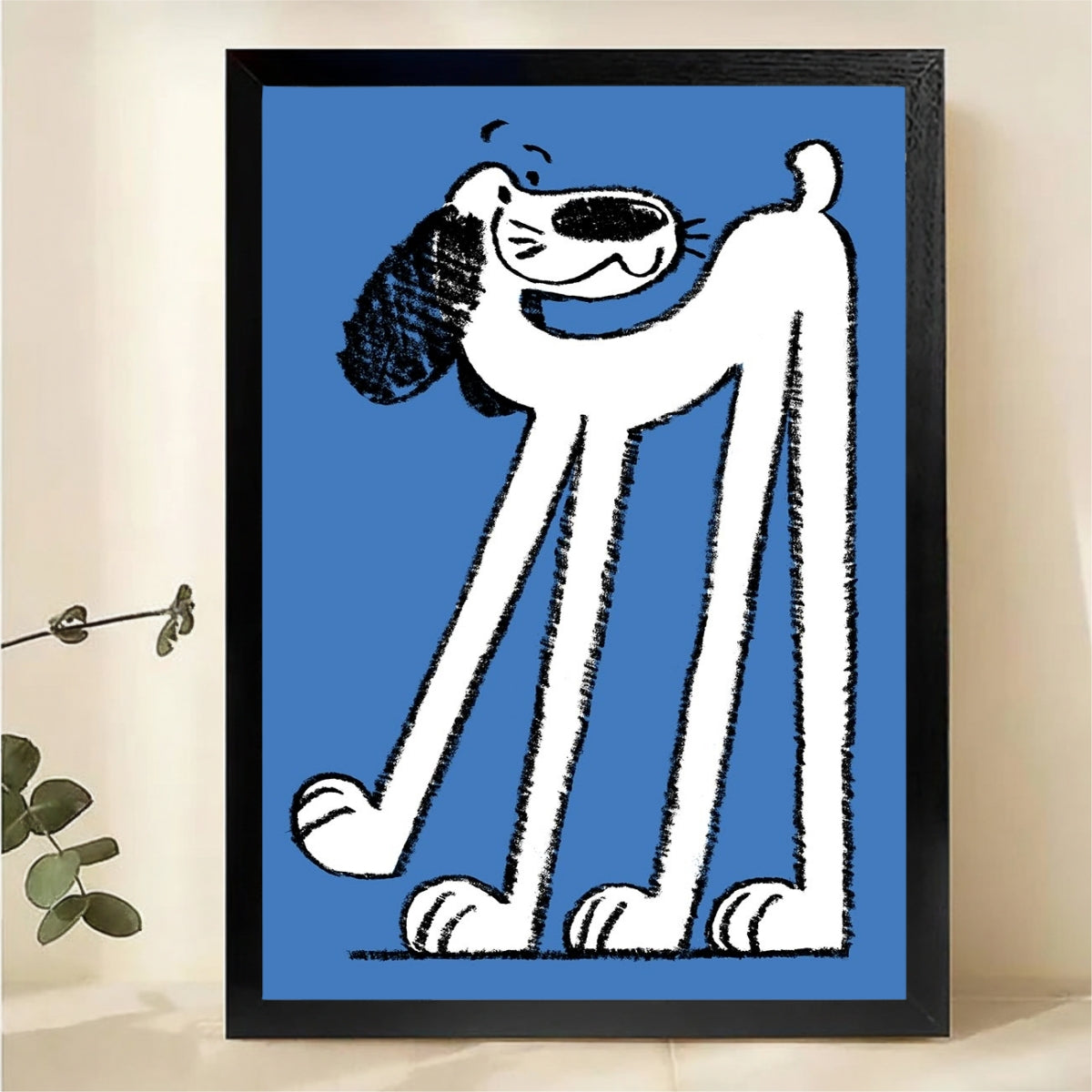 Long Legged Dog Wall Art Print - Whimsical Blue Dog Illustration