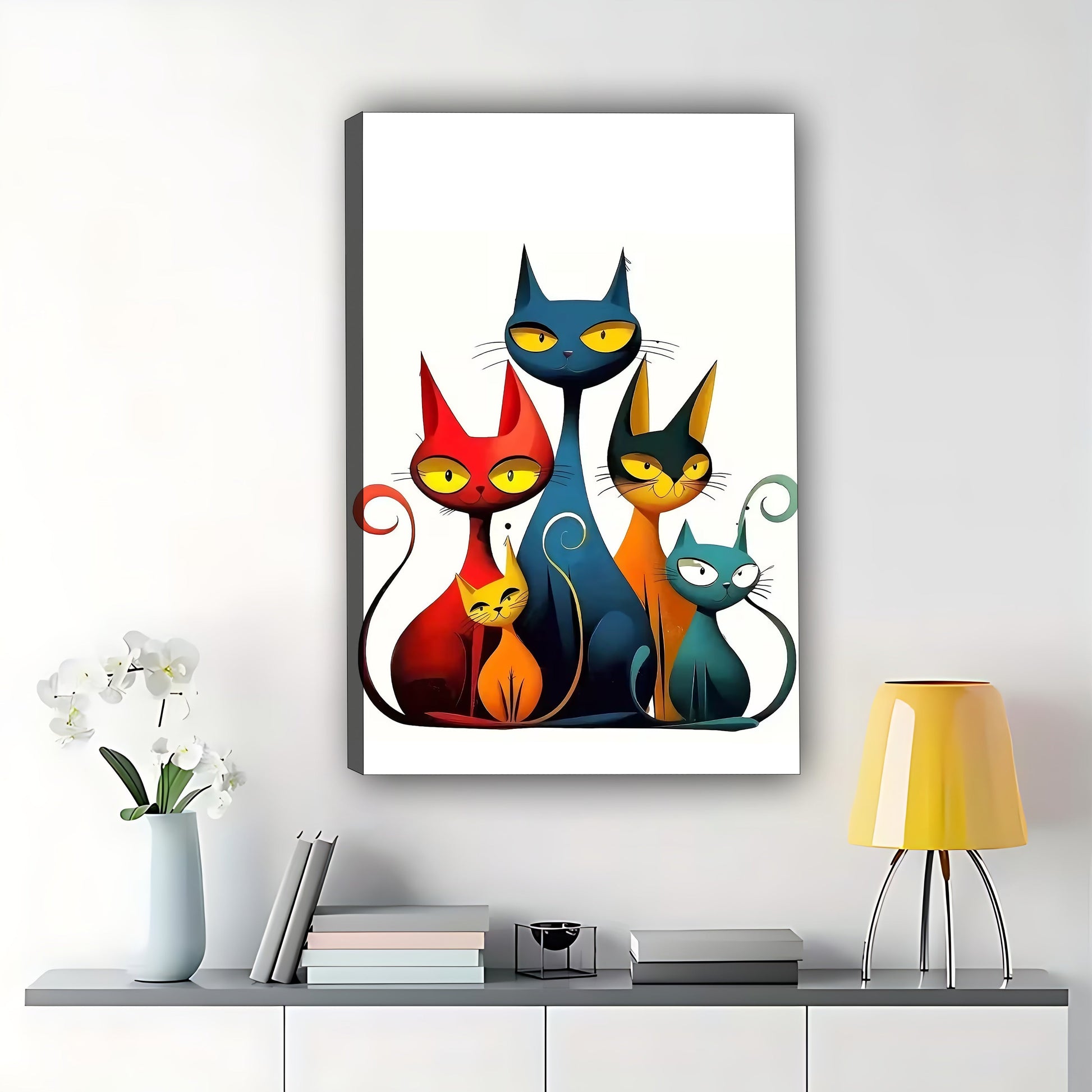 The Four Whimsical Cats – Playful Modern Feline Wall Art on Natural Wood Grain Canvas