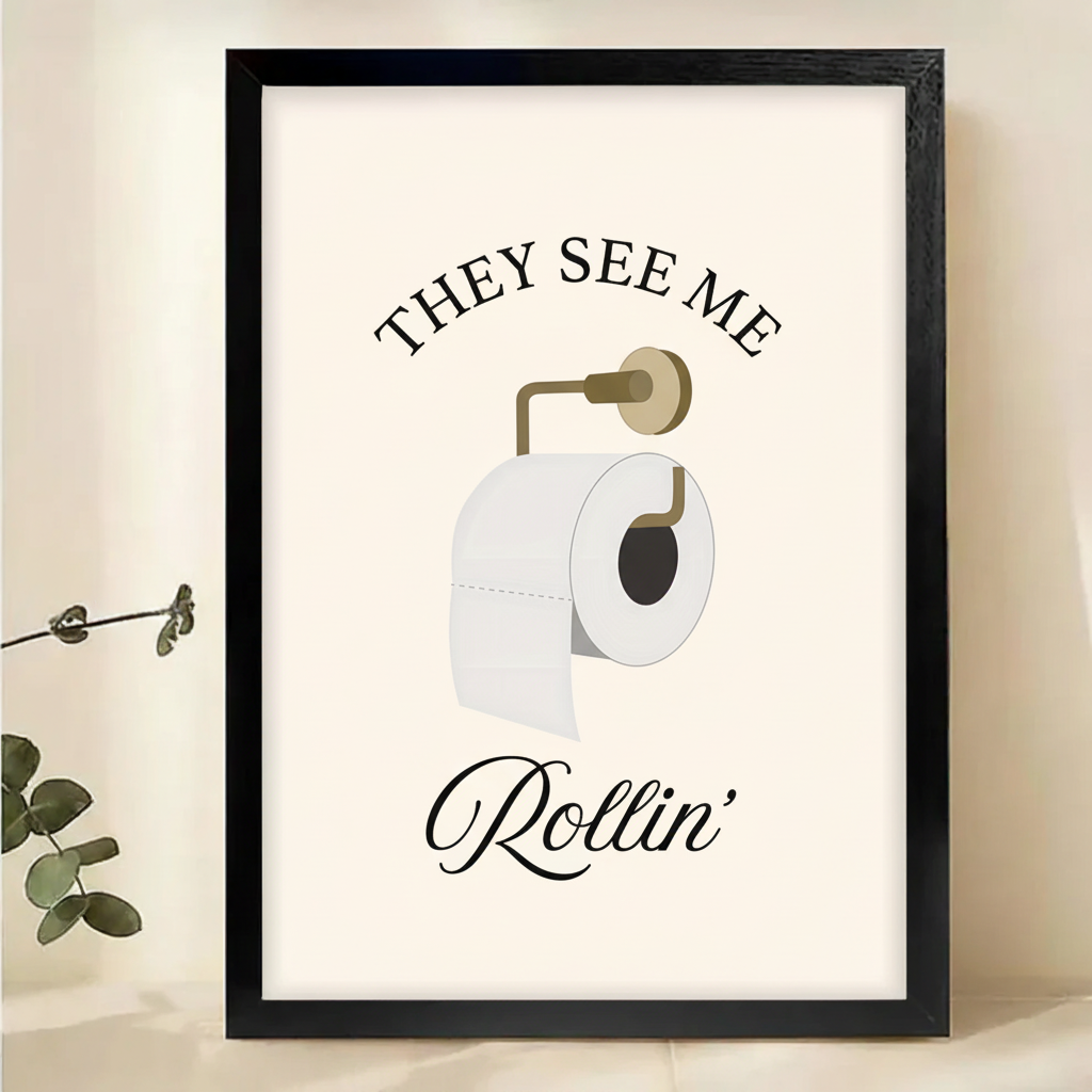 They See Me Rollin' Toilet Paper Wall Art – Funny Bathroom Quote Canvas Print on Natural Wood Frame