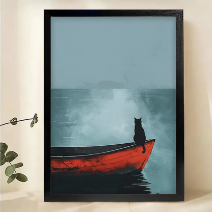 Black Cat on a Red Boat in the Mist Wall Art – Cinematic Minimalist Oil Painting Canvas Print on Natural Wood Frame