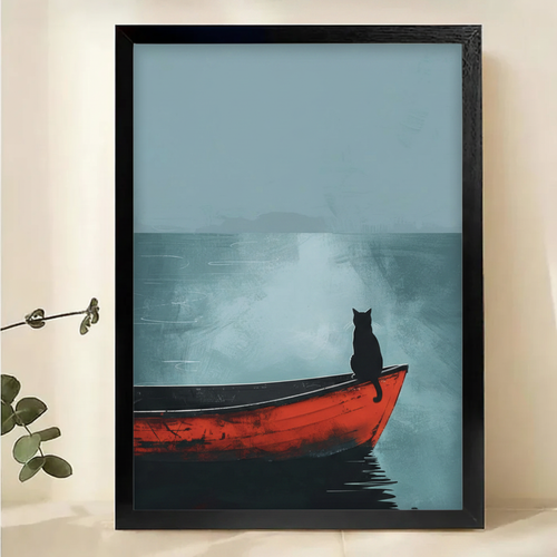 Black Cat on a Red Boat in the Mist Wall Art – Cinematic Minimalist Oil Painting Canvas Print on Natural Wood Frame