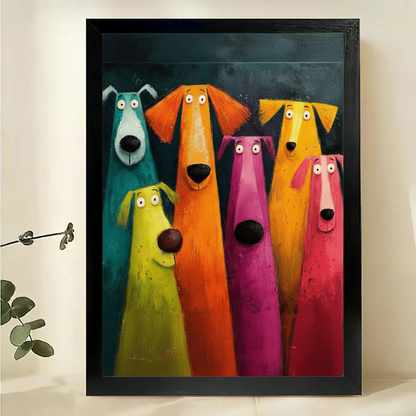 Colourful Cartoon Dogs Wall Art – Whimsical Pop Art Animal Canvas Print on Natural Wood Frame