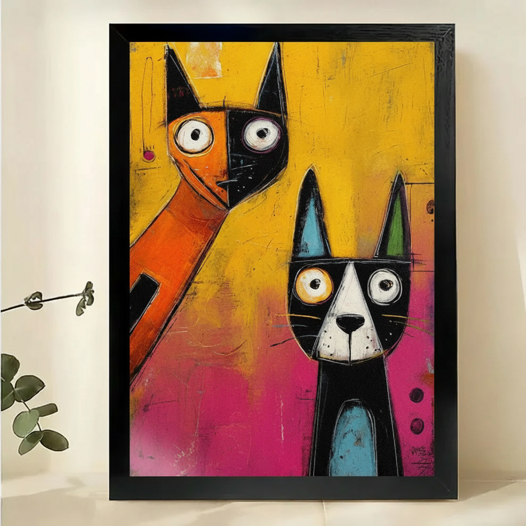 Abstract Two Cats Wall Art – Bold Pop Art Canvas Print on Natural Wood Frame