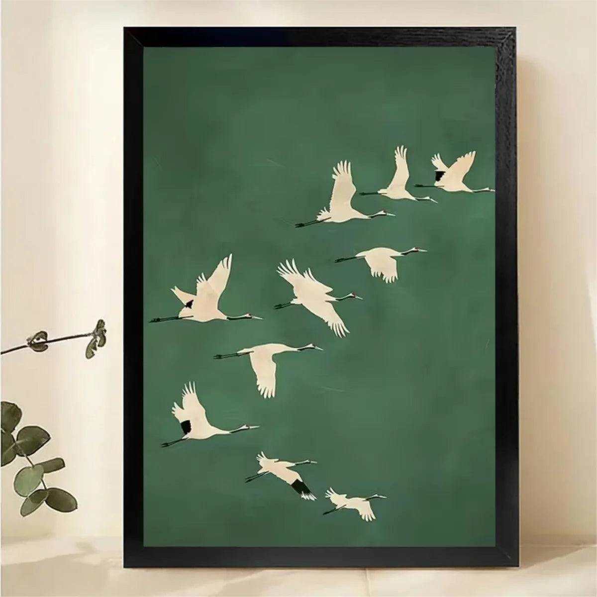 Flying Cranes Wall Art - Minimalist Green Bird Silhouette Print