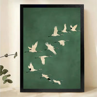 Flying Cranes Wall Art - Minimalist Green Bird Silhouette Print