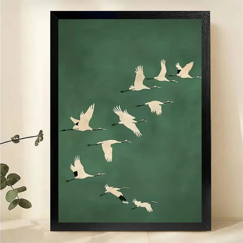 Flying Cranes Wall Art - Minimalist Green Bird Silhouette Print