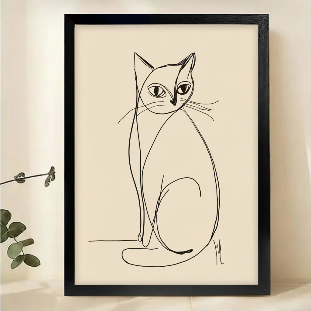 Elegant Cat Line Art Wall Art – Minimalist One-Line Cat Canvas Print on Natural Wood Frame