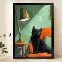 Black Cat on Orange Sofa Wall Art - Retro Illustrated Canvas Print