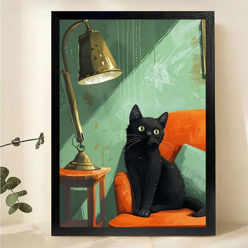 Black Cat on Orange Sofa Wall Art - Retro Illustrated Canvas Print