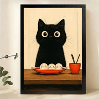 Black Cat with Smiling Dumplings Wall Art - Japanese Woodblock Style Canvas Print
