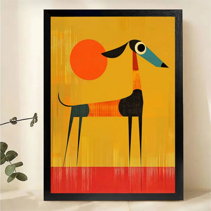 Abstract Geometric Greyhound with Orange Sun Wall Art - Mid-Century Modern Canvas Print