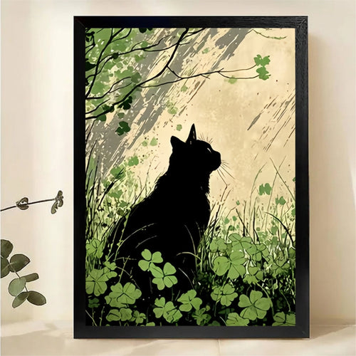 Black Cat Silhouette Among Clovers Wall Art - Japanese Woodblock Style Canvas Print