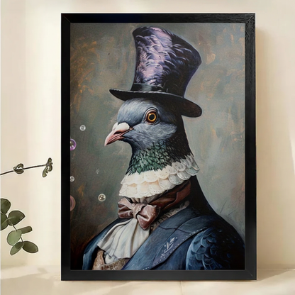 Gentleman Pigeon in Top Hat Wall Art – Dark Academia Animal Portrait Canvas Print on Natural Wood Frame