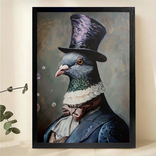 Gentleman Pigeon in Top Hat Wall Art – Dark Academia Animal Portrait Canvas Print on Natural Wood Frame