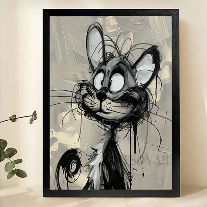 Graffiti Style Crazy Cat Wall Art - Black and White Expressive Canvas Print